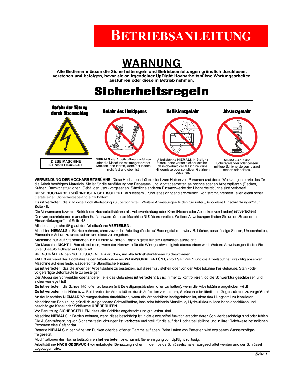 Etriebsanleitung, Warnung, Sicherheitsregeln | Snorkel LX50-sn4275+ User Manual | Page 47 / 72