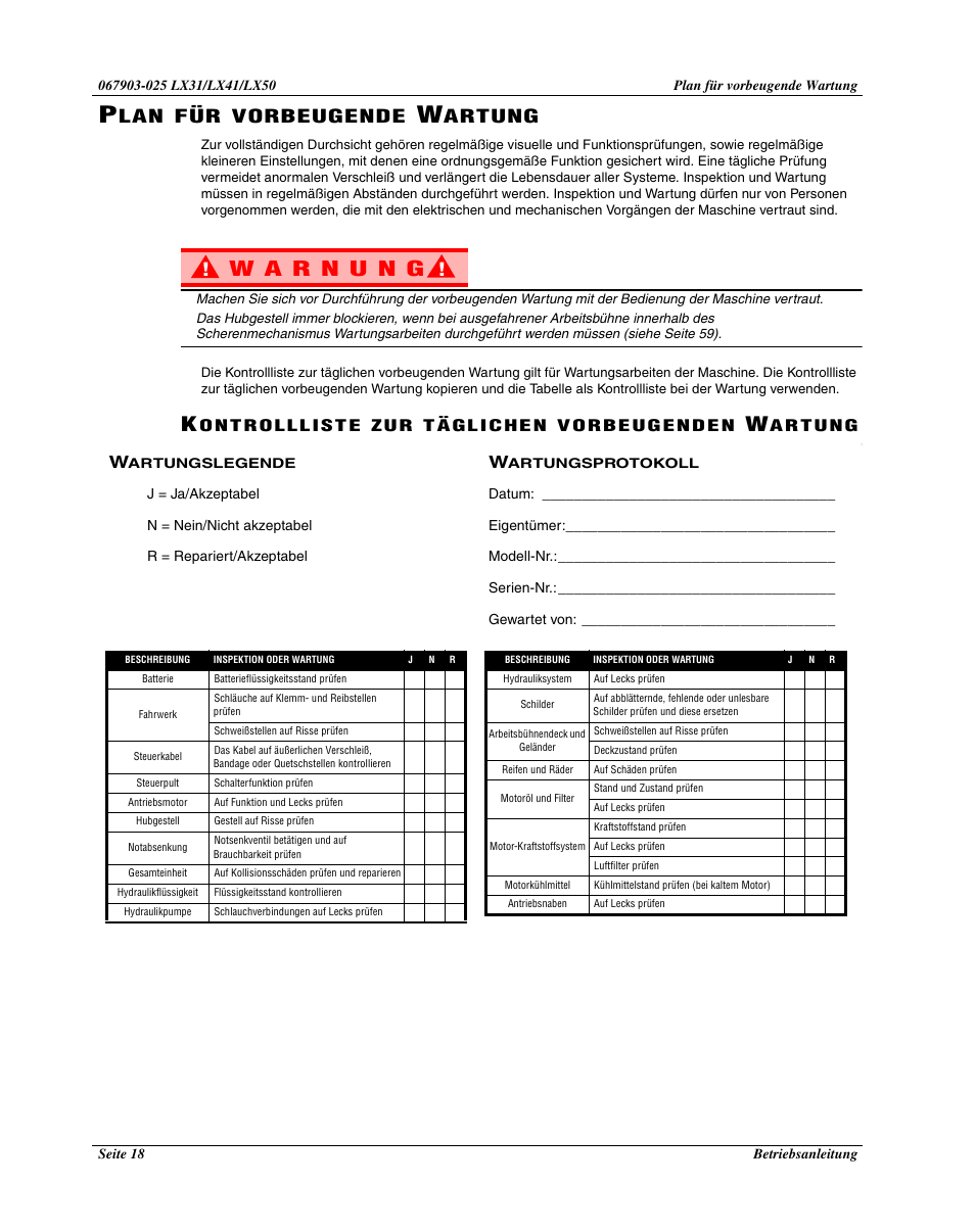 Vorbeugende, Artung | Snorkel LX50-sn4275+ User Manual | Page 64 / 72