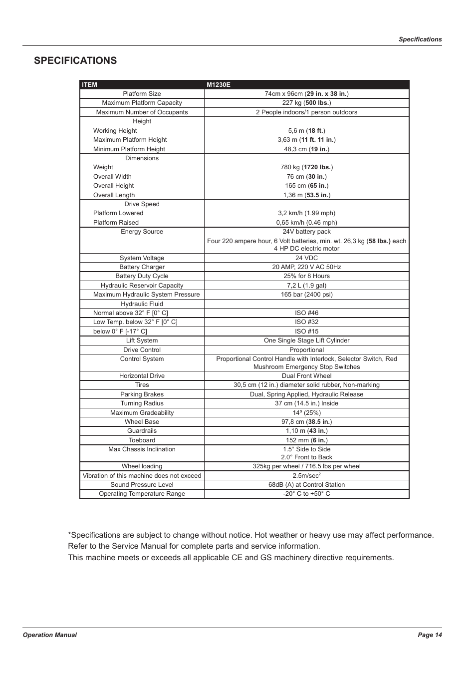 Specifications | Snorkel M1230E User Manual | Page 18 / 20