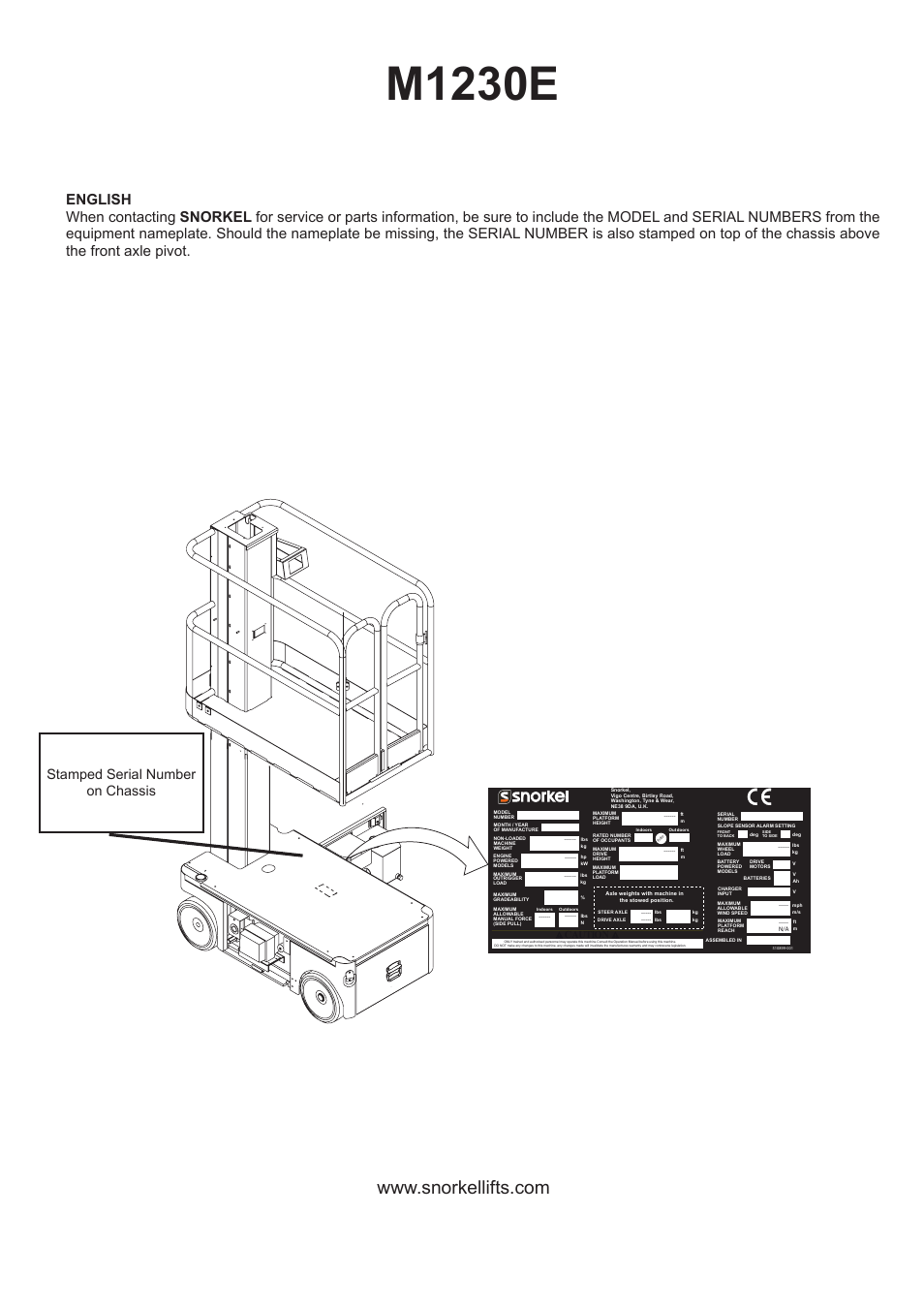 M1230e, Stamped serial number on chassis, Caution | Snorkel M1230E User Manual | Page 3 / 20