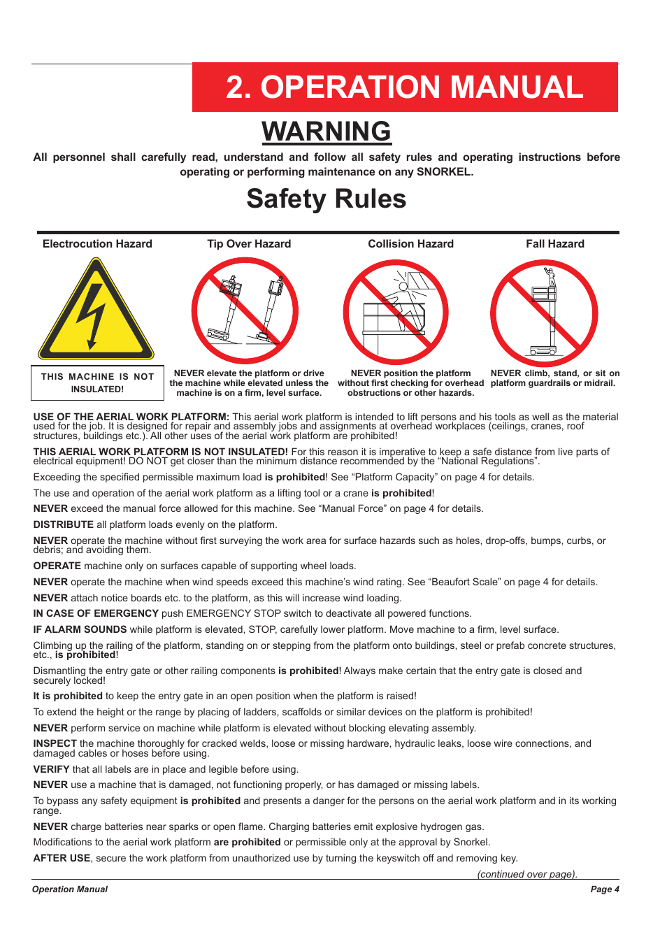 Operation manual, Warning, Safety rules | Snorkel M1230E User Manual | Page 4 / 20