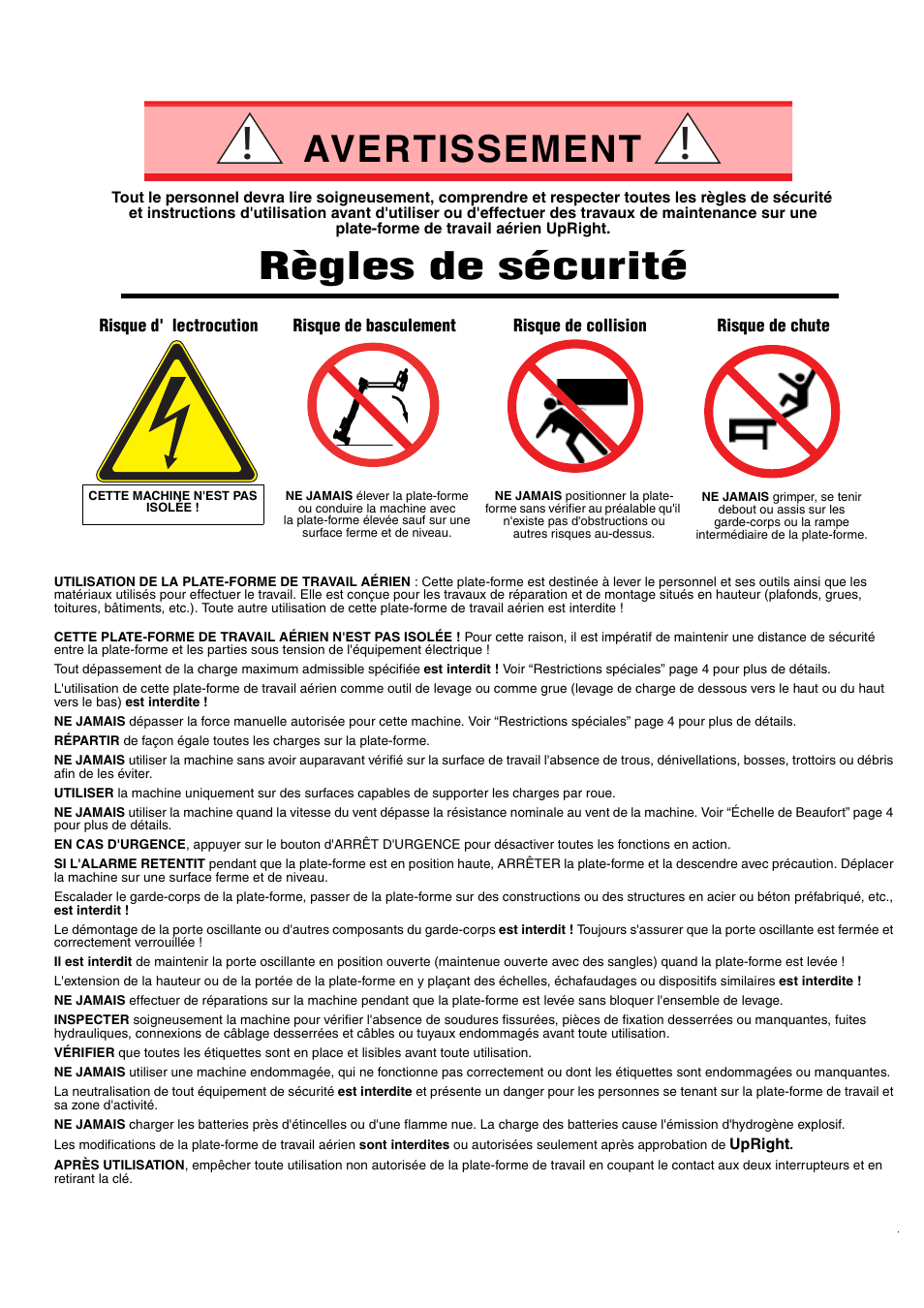 Règles de sécurité, Avertissement | Snorkel M2032J User Manual | Page 31 / 84