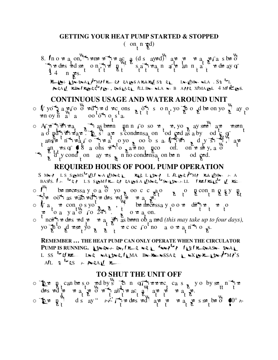 Continuous usage and water around unit, Required hours of pool pump operation | Aquacal H 100 User Manual | Page 11 / 36