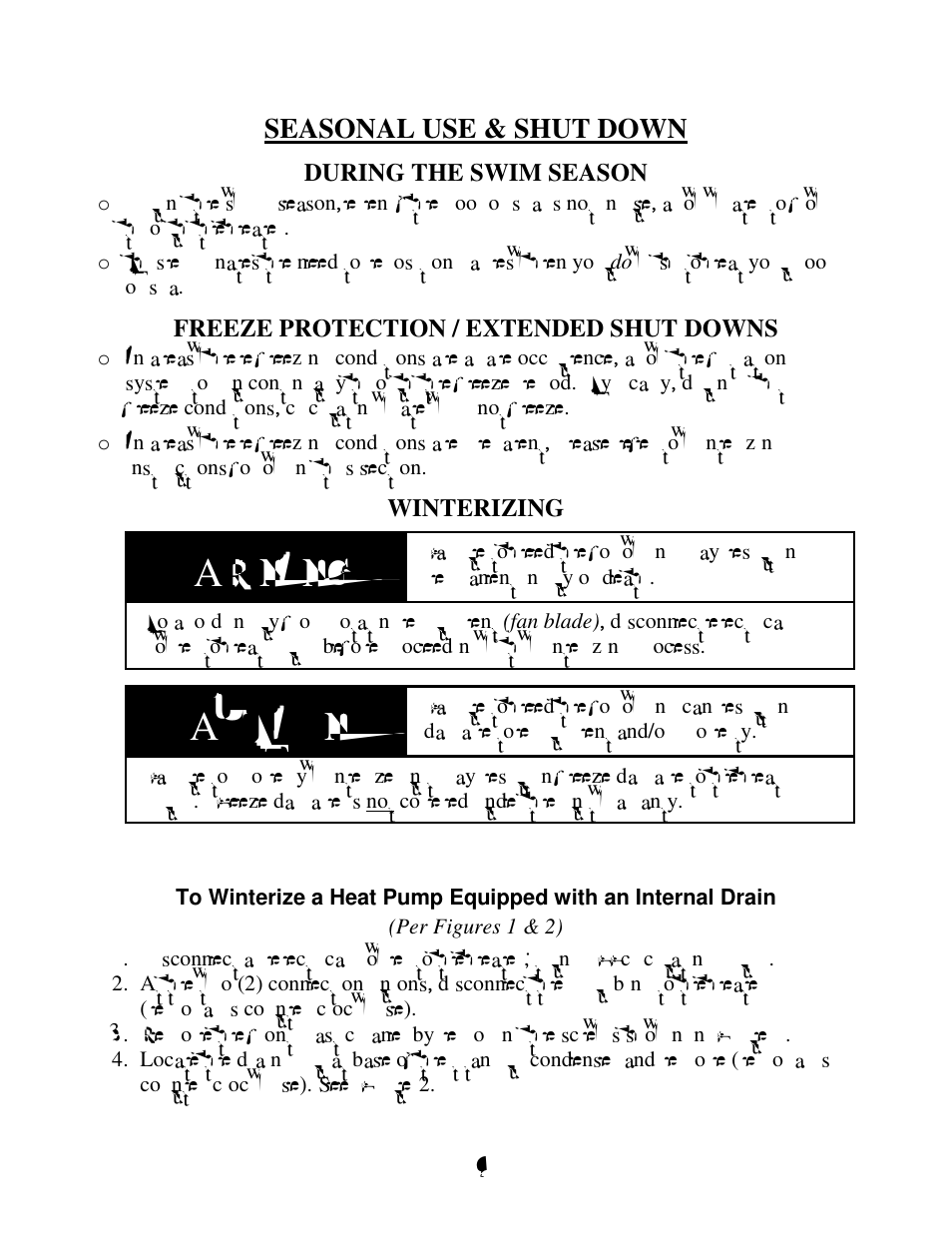 Caution, Warning, Seasonal use & shut down | Aquacal H 100 User Manual | Page 16 / 36