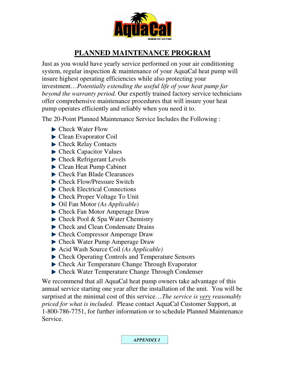 Planned maintenance program | Aquacal H 100 User Manual | Page 22 / 36