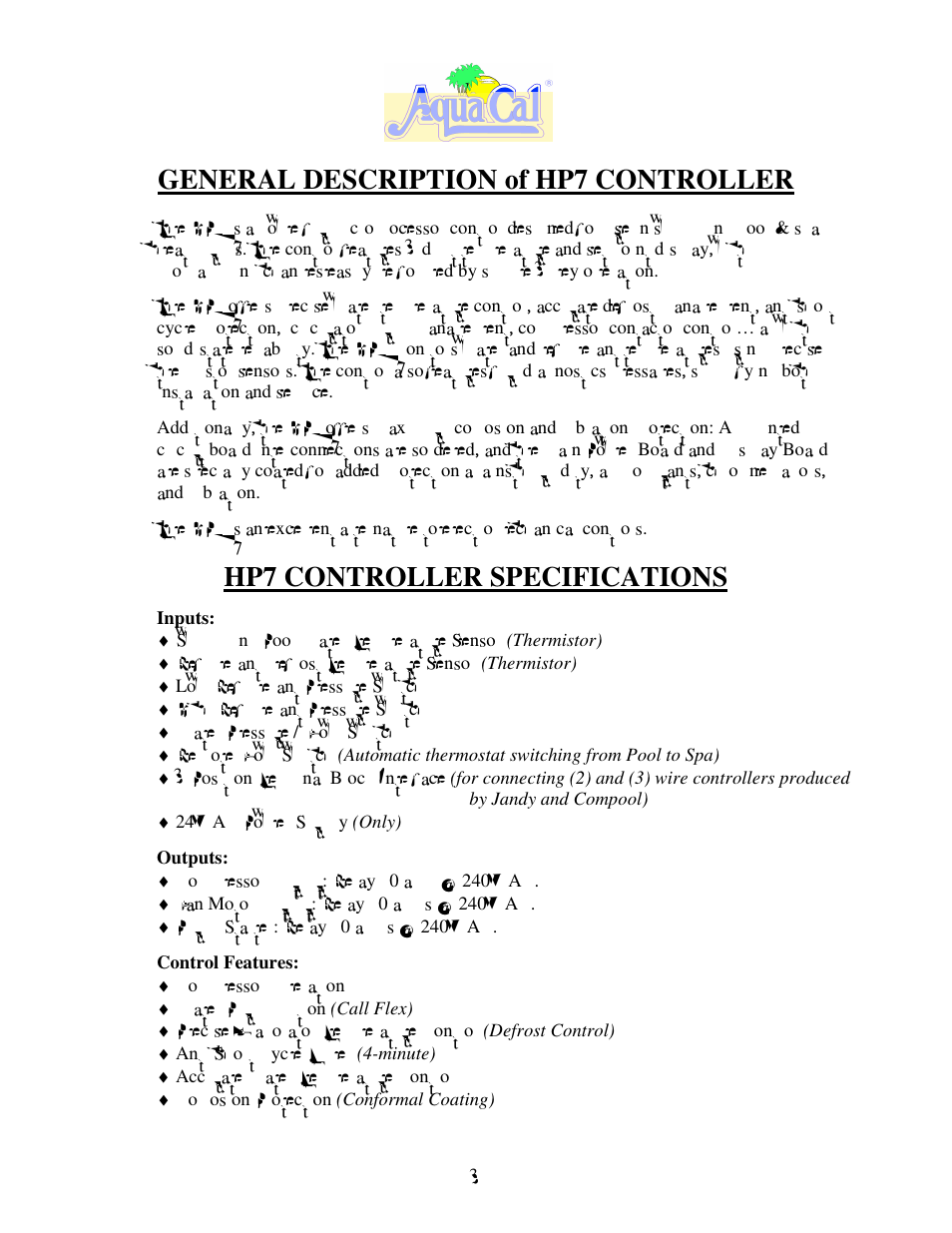 General description of hp7 controller, Hp7 controller specifications | Aquacal H 100 User Manual | Page 27 / 36