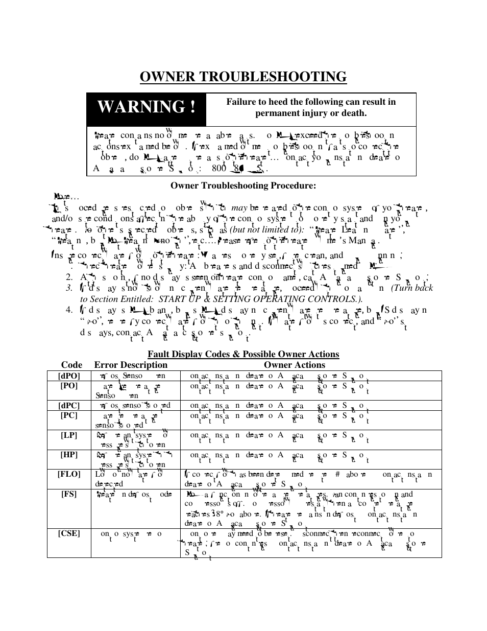 Warning, Owner troubleshooting | Aquacal H 100 User Manual | Page 33 / 36