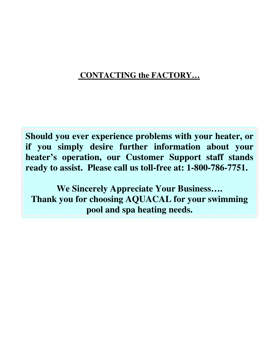 Contacting the factory | Aquacal H 100 User Manual | Page 35 / 36