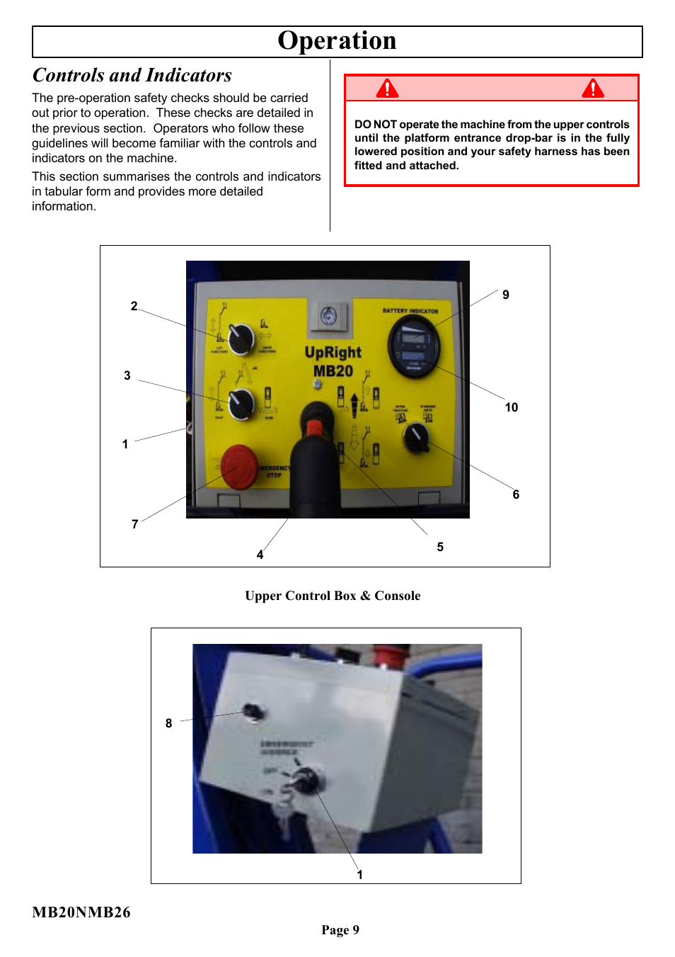 Operation, Warning, Controls and indicators | Snorkel MB20N-sn0001-0131 User Manual | Page 10 / 16