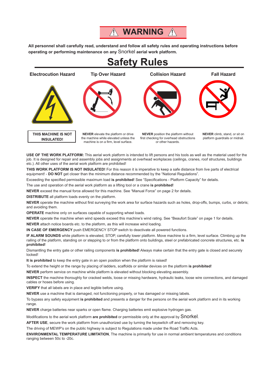 Safety rules, Warning | Snorkel MB26 User Manual | Page 5 / 32