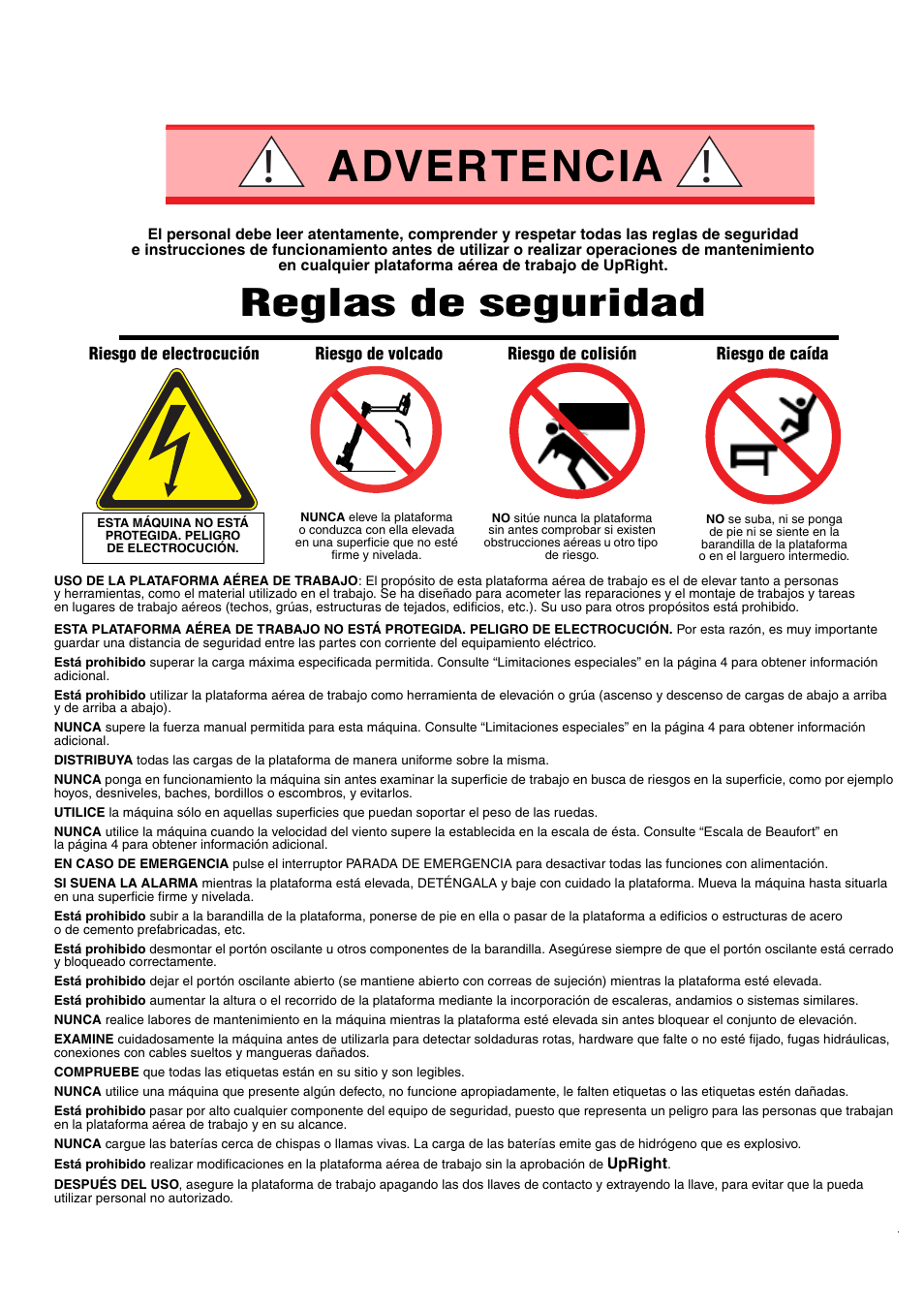 Advertencia, Reglas de seguridad | Snorkel MB20N-sn132+ User Manual | Page 83 / 132