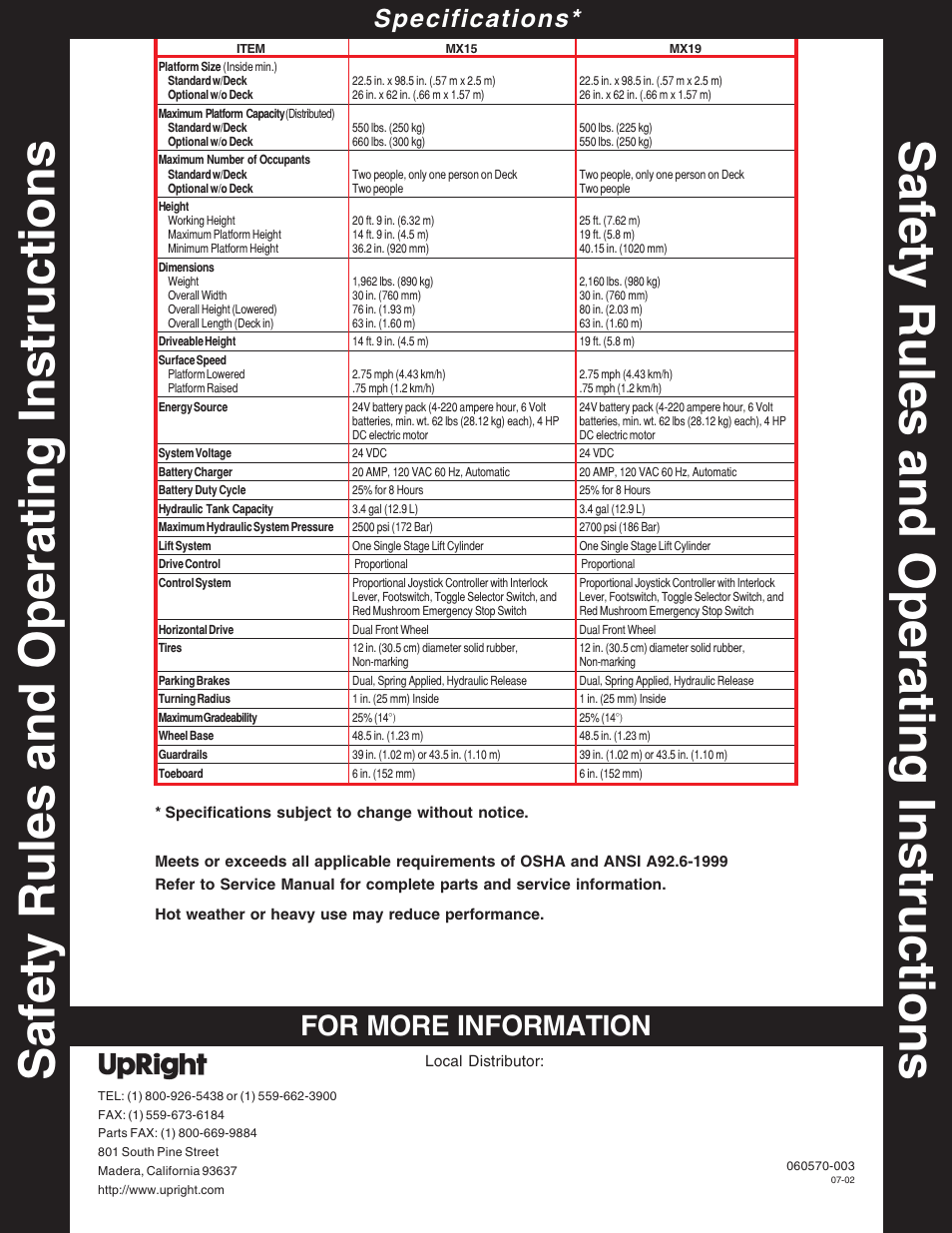 For more information, Specifications | Snorkel MX19-sn12900-13999 User Manual | Page 8 / 8