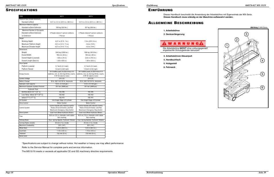 Pecifications, Inführung, Llgemeine | Eschreibung | Snorkel MX19-sn18100-19999 User Manual | Page 20 / 30