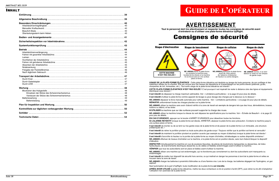 Uide de l, Opérateur, Avertissement | Consignes de sécurité | Snorkel MX19-sn18100-19999 User Manual | Page 21 / 30
