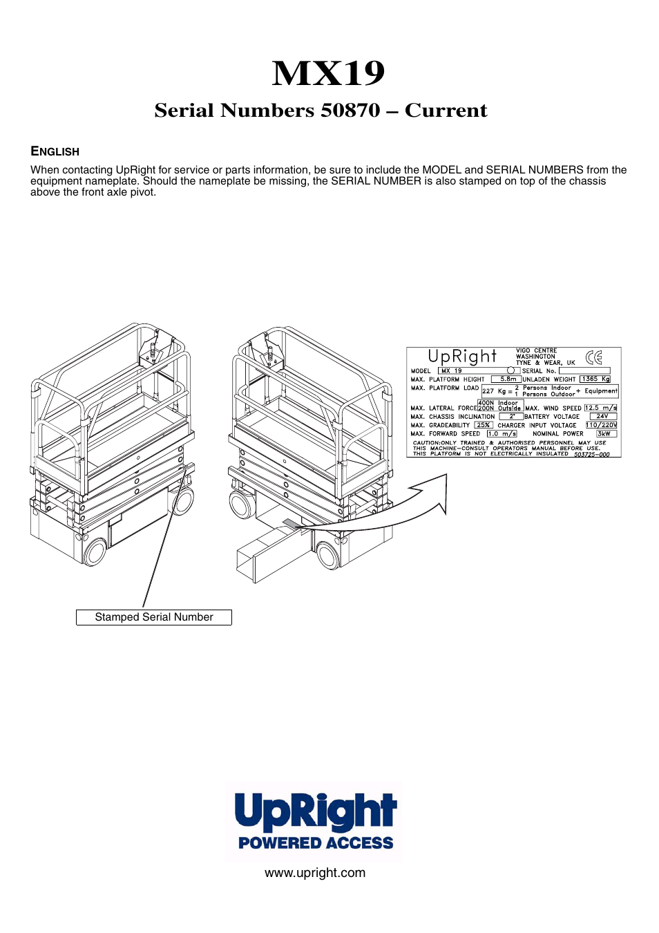 Mx19, Upright, Stamped serial number | Snorkel MX19-sn50870-53195 User Manual | Page 3 / 20