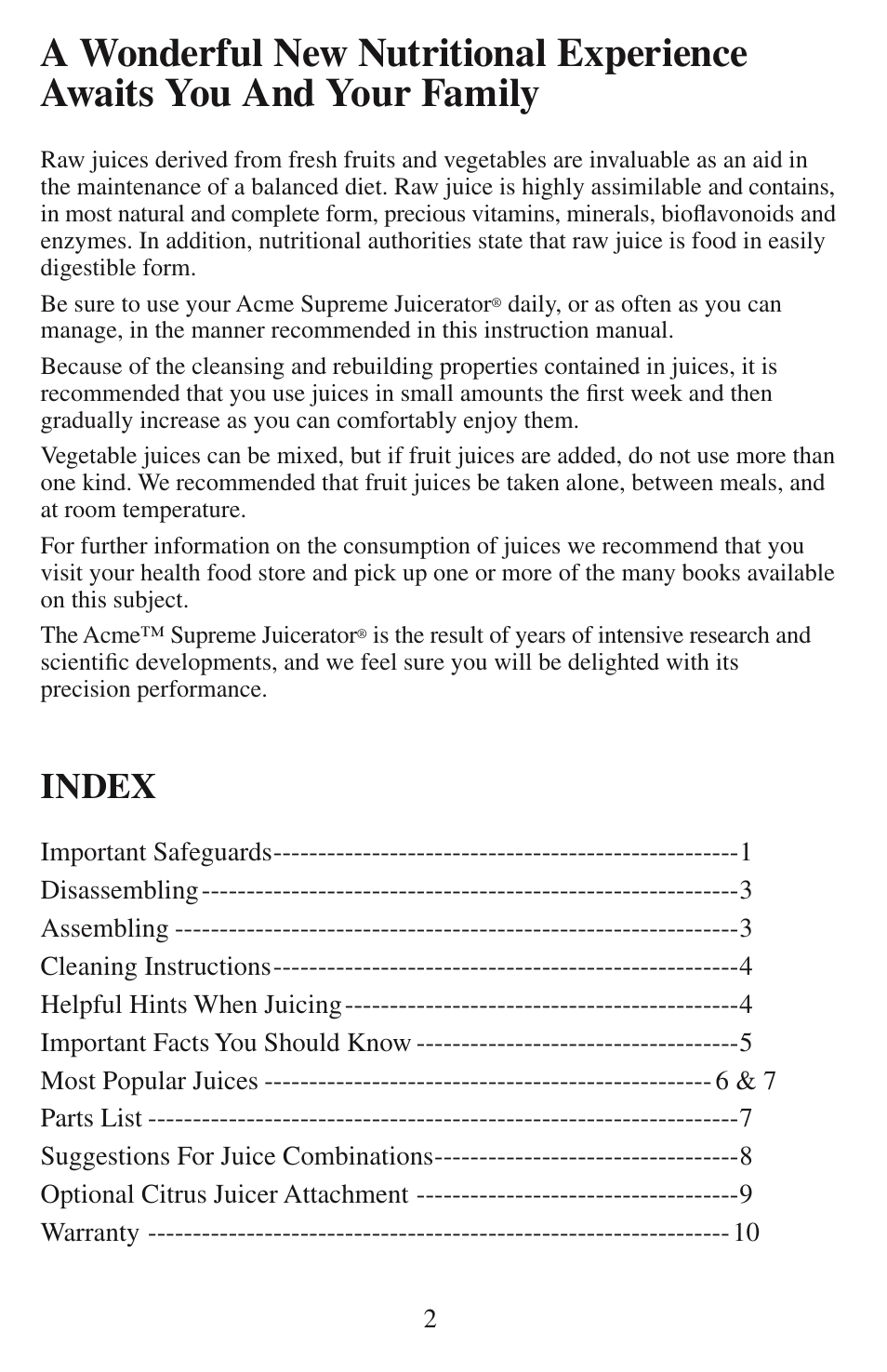 Index | Acme Kitchenettes SUPREME JUICERATOR 6001 User Manual | Page 3 / 12