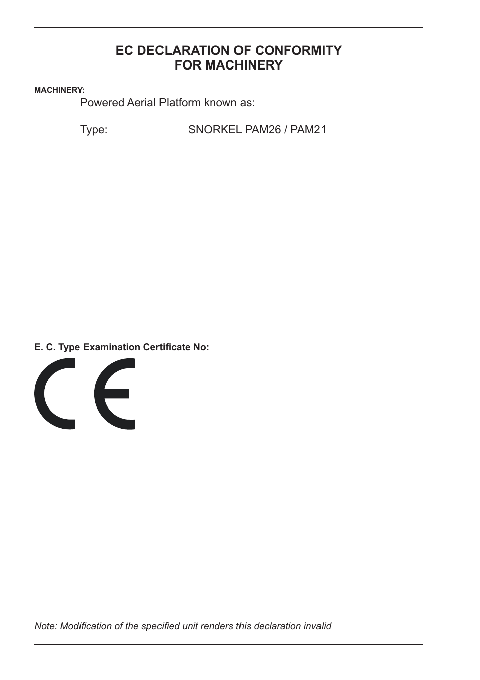 Ec declaration of conformity for machinery | Snorkel PAM26-sn0001+ User Manual | Page 3 / 34
