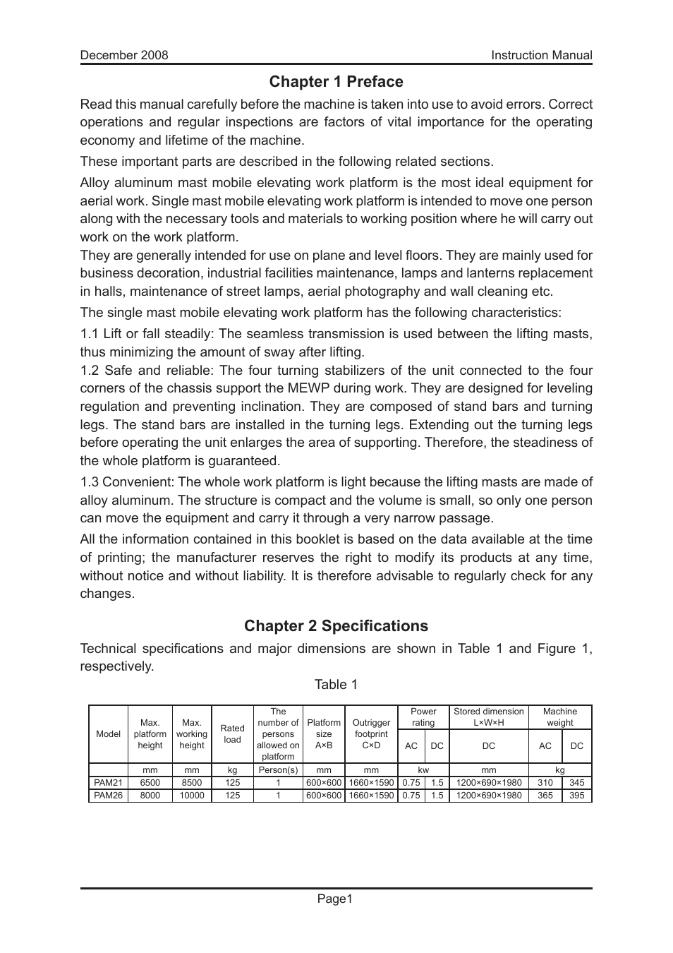 Chapter 1 preface, Chapter 2 specifications | Snorkel PAM26-sn0001+ User Manual | Page 7 / 34