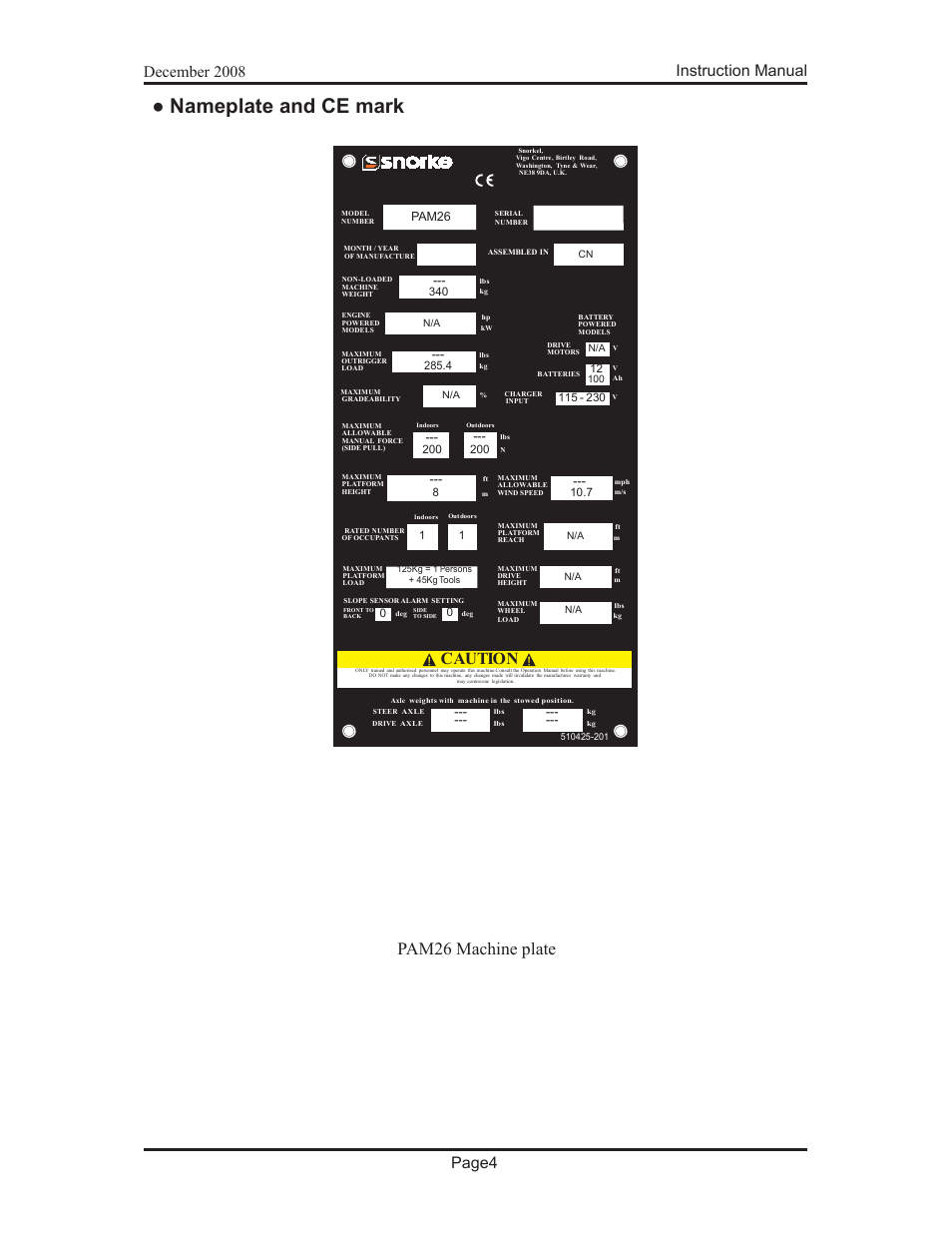 Nameplate and ce mark, Pam26 machine plate, Caution | Snorkel PAM26-sn000001+ User Manual | Page 10 / 38