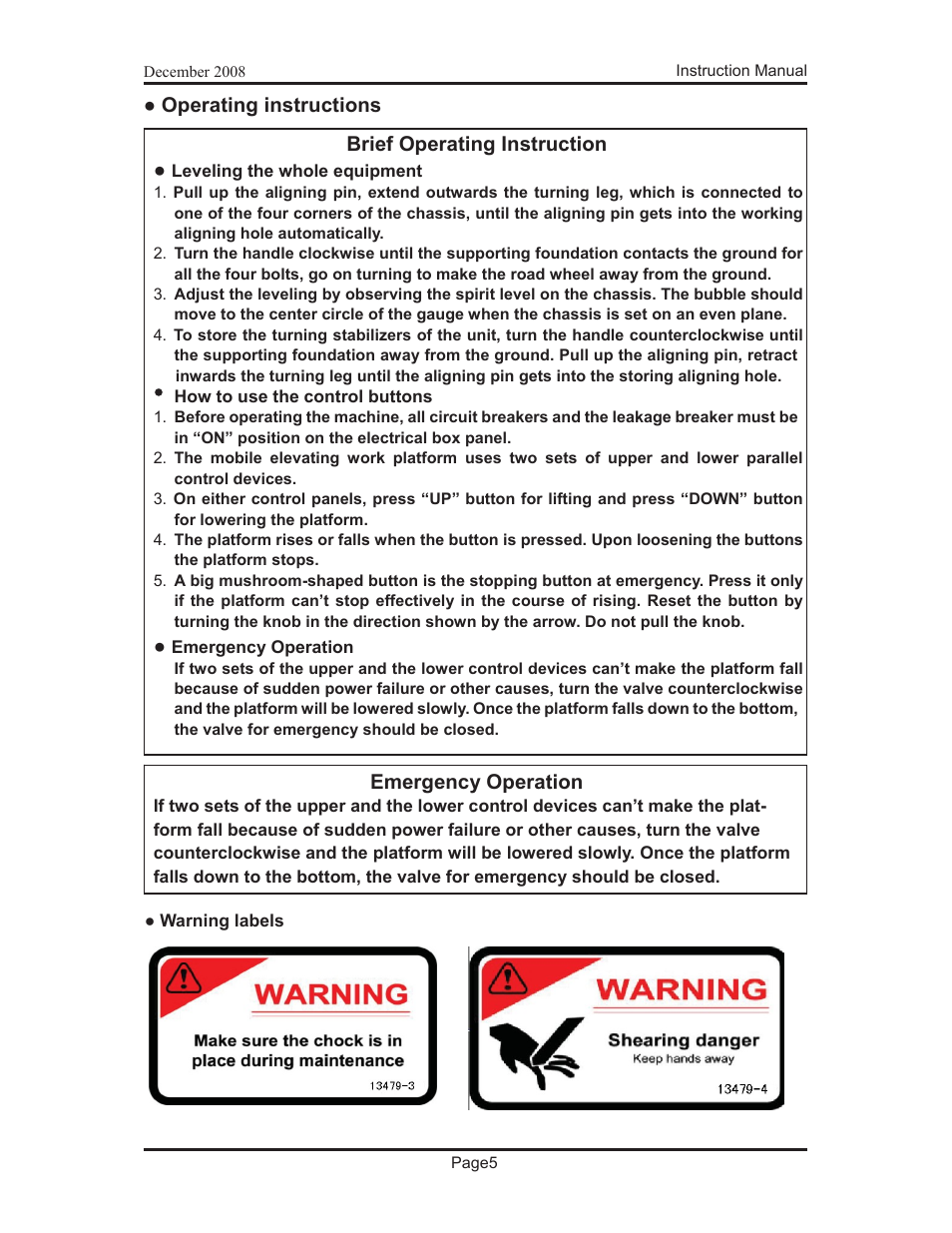 Operating instructions, Brief operating instruction, Emergency operation | Snorkel PAM26-sn000001+ User Manual | Page 11 / 38