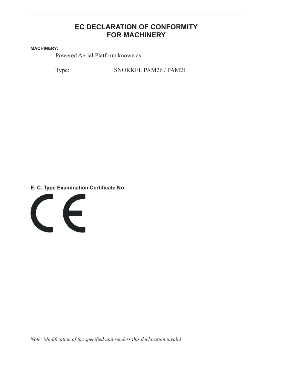 Ec declaration of conformity for machinery, Powered aerial platform known as, Type: snorkel pam26 / pam21 | Snorkel PAM26-sn000001+ User Manual | Page 3 / 38