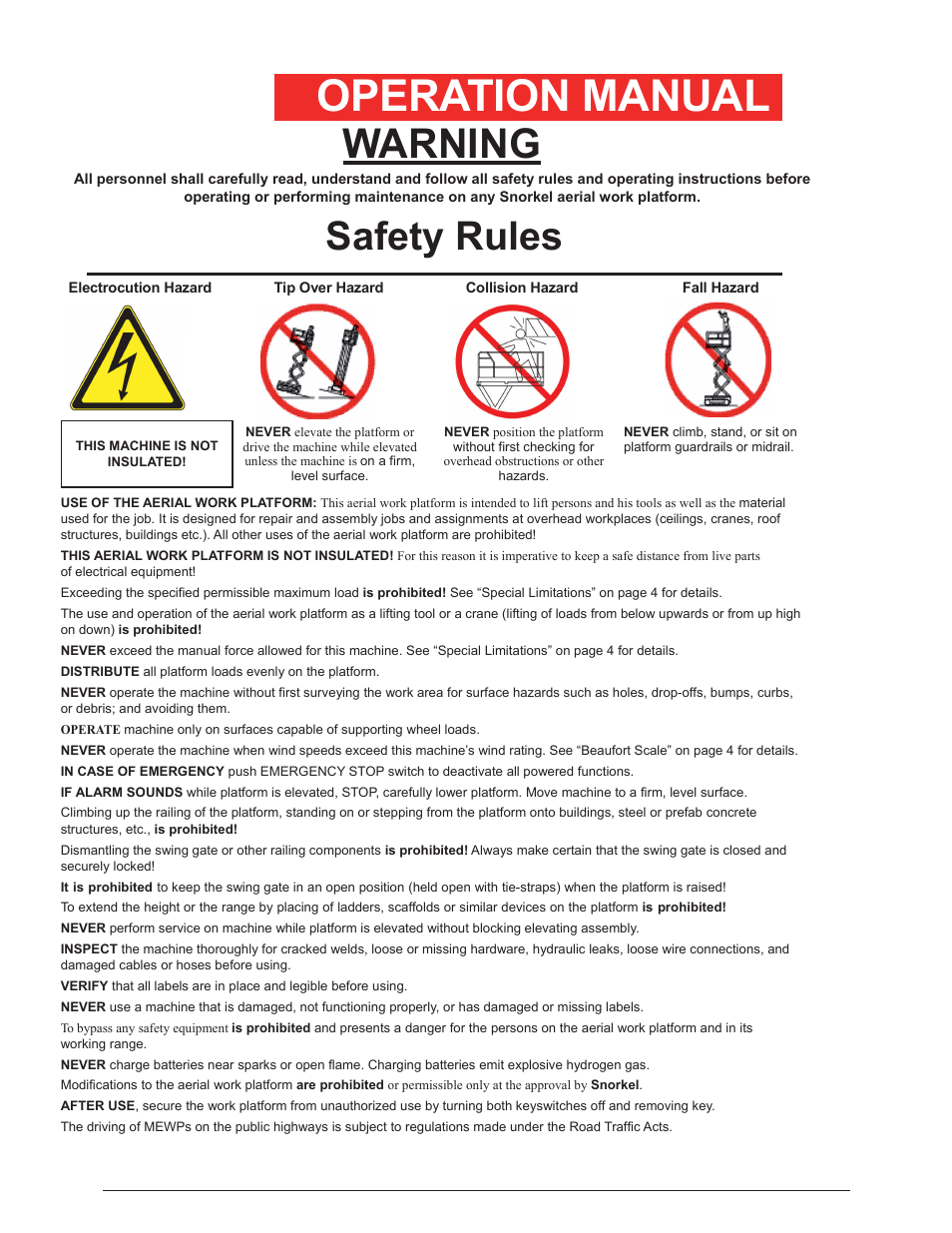 Operation manual, Warning, Safety rules | Snorkel PAM26-sn000001+ User Manual | Page 4 / 38