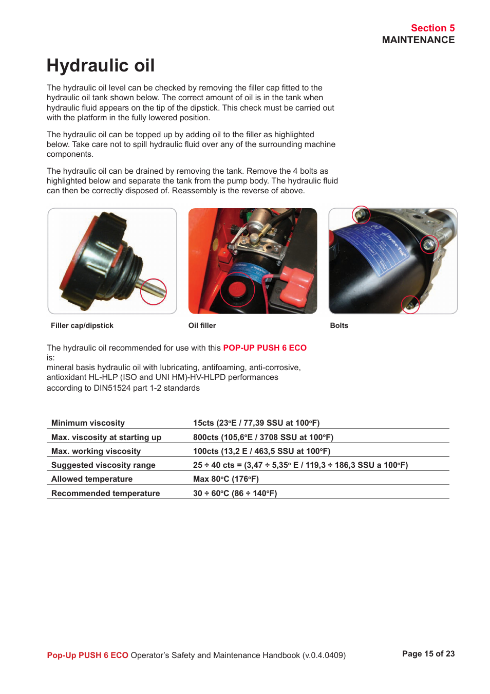 Hydraulic oil | Snorkel Pop-Up Push 6 Eco User Manual | Page 16 / 26