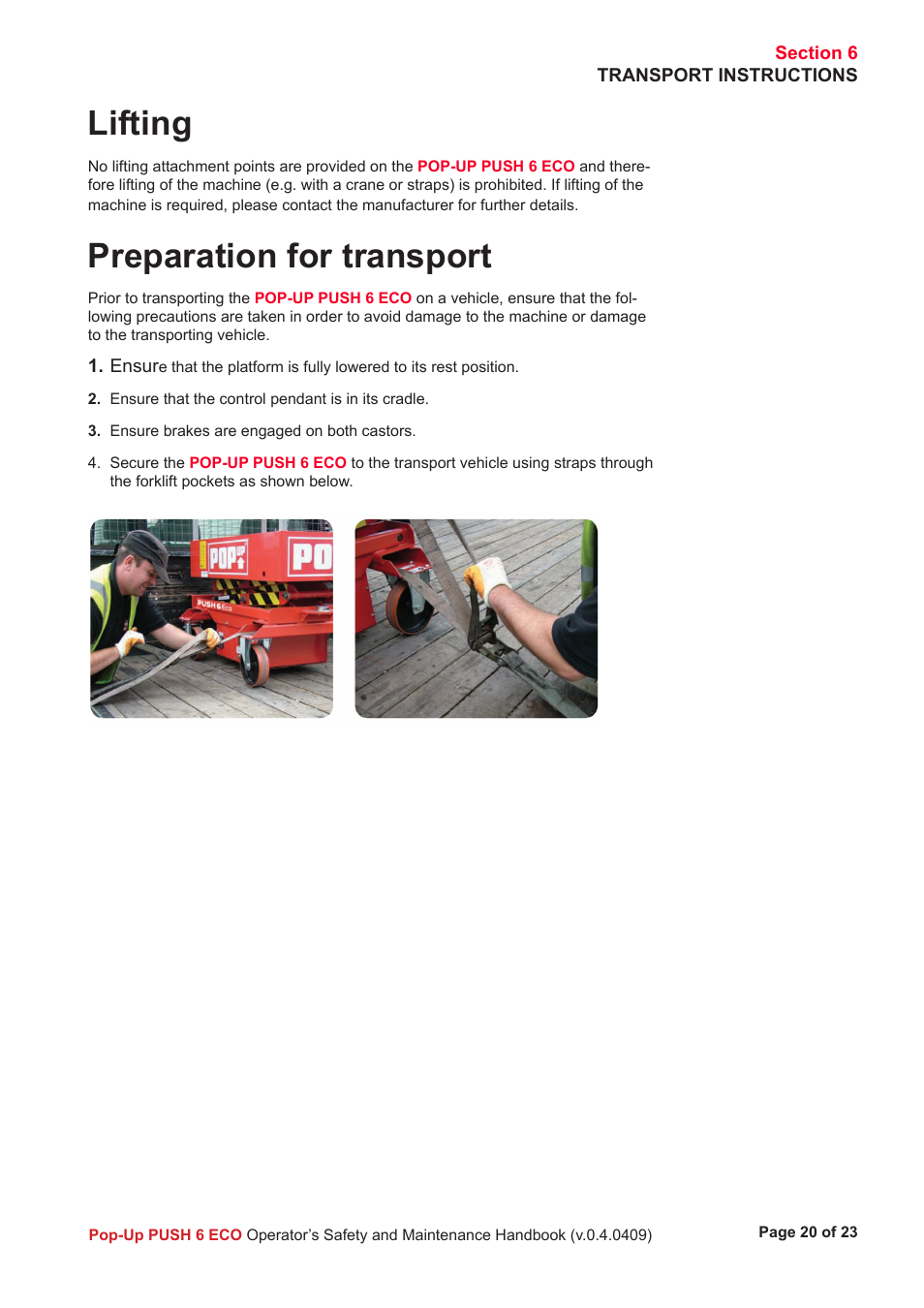 Lifting, Preparation for transport | Snorkel Pop-Up Push 6 Eco User Manual | Page 21 / 26