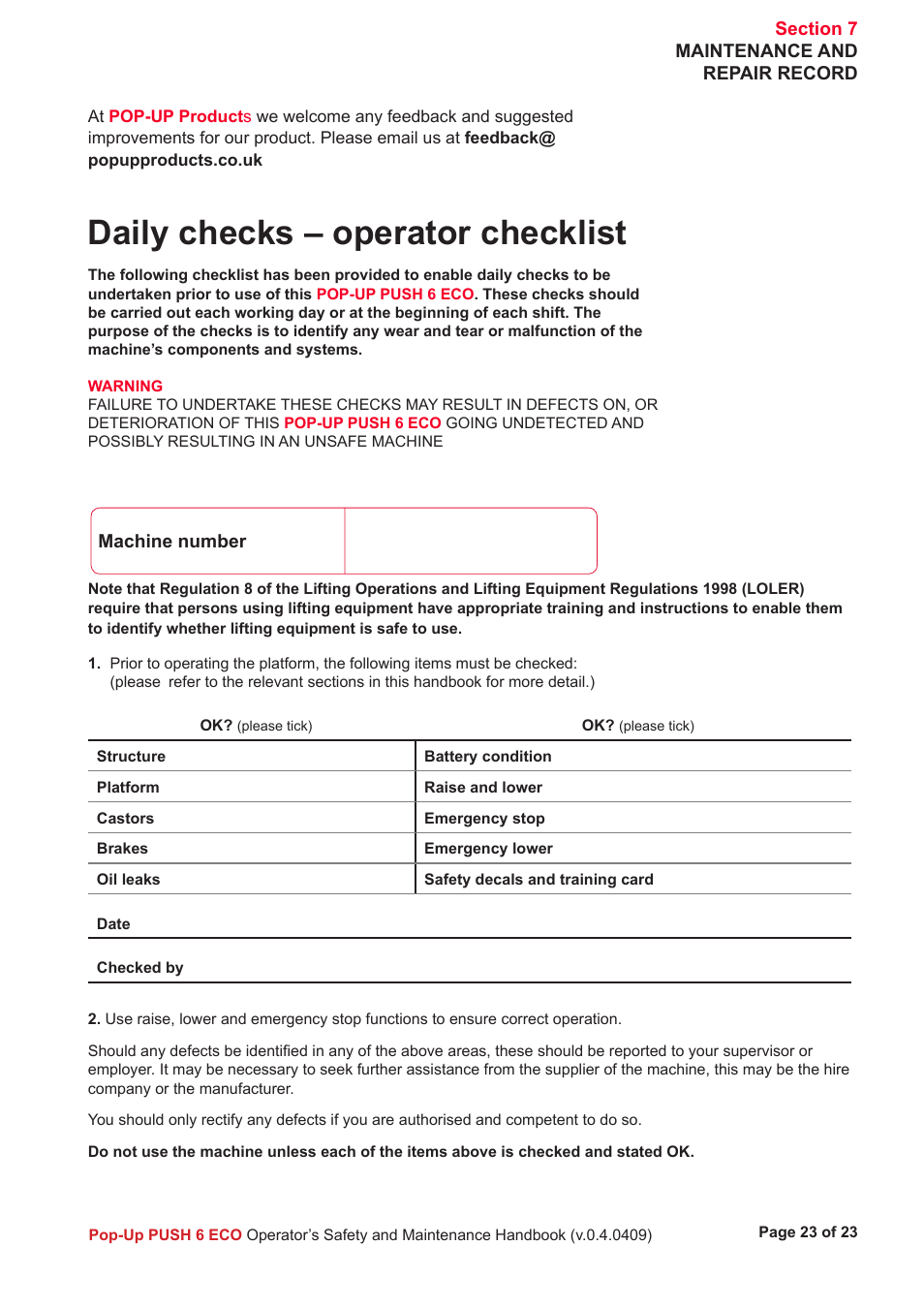Daily checks – operator checklist | Snorkel Pop-Up Push 6 Eco User Manual | Page 24 / 26