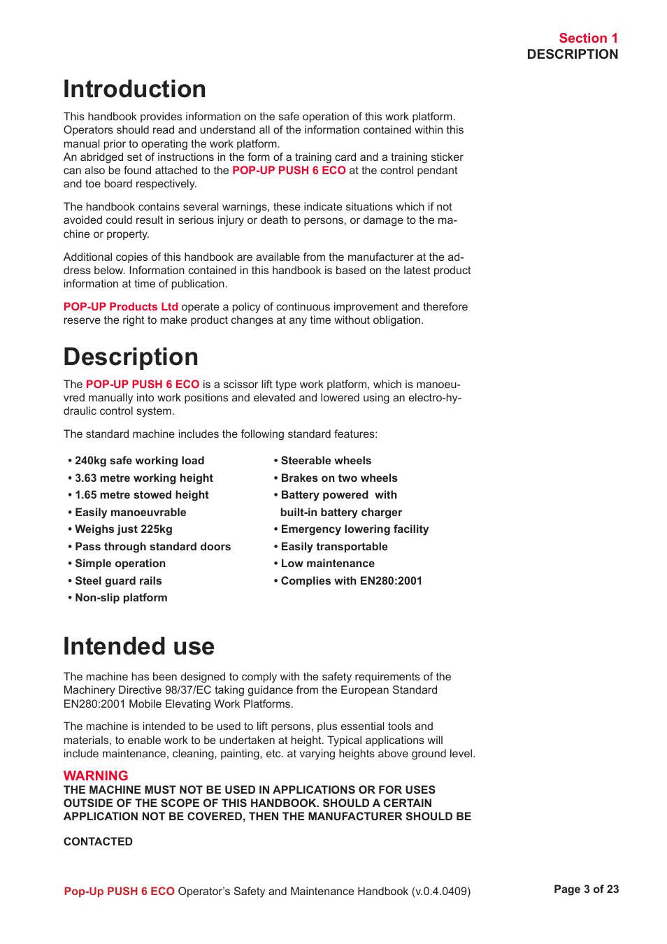 Introduction, Description, Intended use | Snorkel Pop-Up Push 6 Eco User Manual | Page 4 / 26