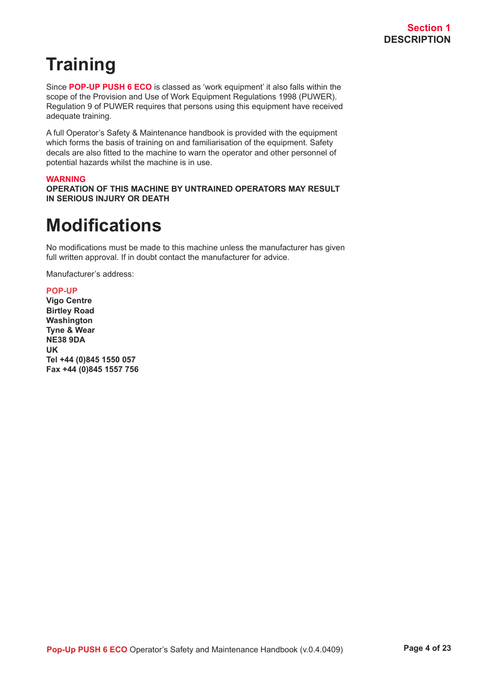Training, Modiﬁcations | Snorkel Pop-Up Push 6 Eco User Manual | Page 5 / 26