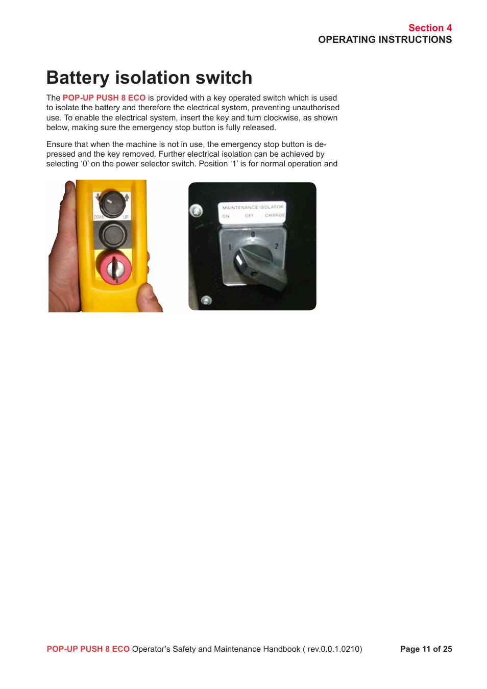 Battery isolation switch | Snorkel Pop-Up Push 8 Eco User Manual | Page 12 / 28