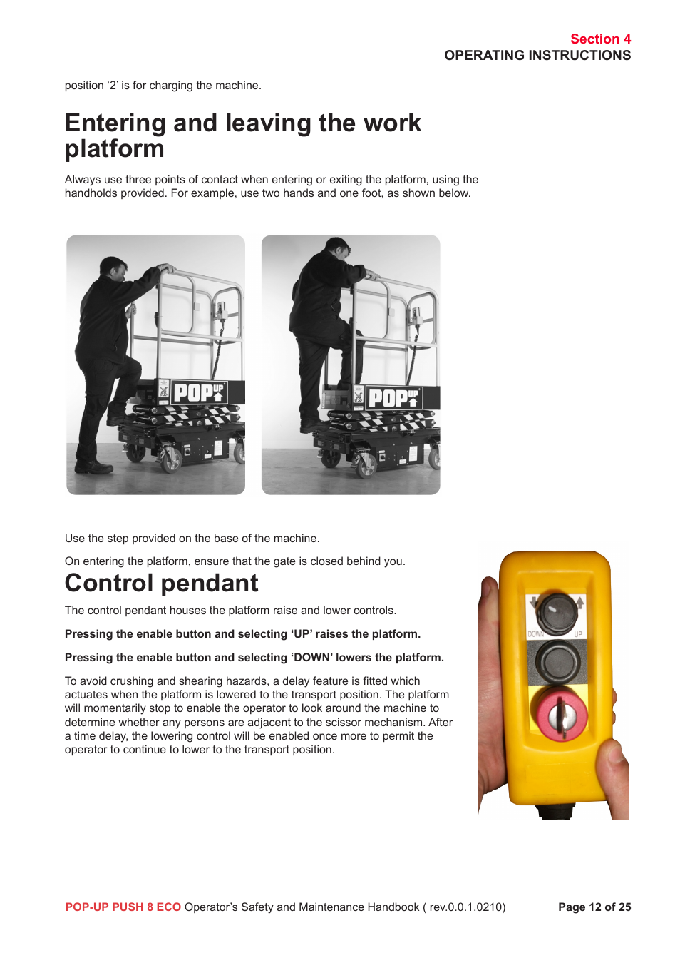 Entering and leaving the work platform, Control pendant | Snorkel Pop-Up Push 8 Eco User Manual | Page 13 / 28