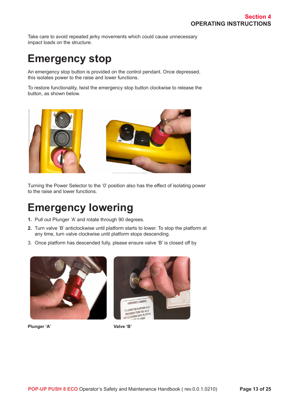 Emergency stop, Emergency lowering | Snorkel Pop-Up Push 8 Eco User Manual | Page 14 / 28