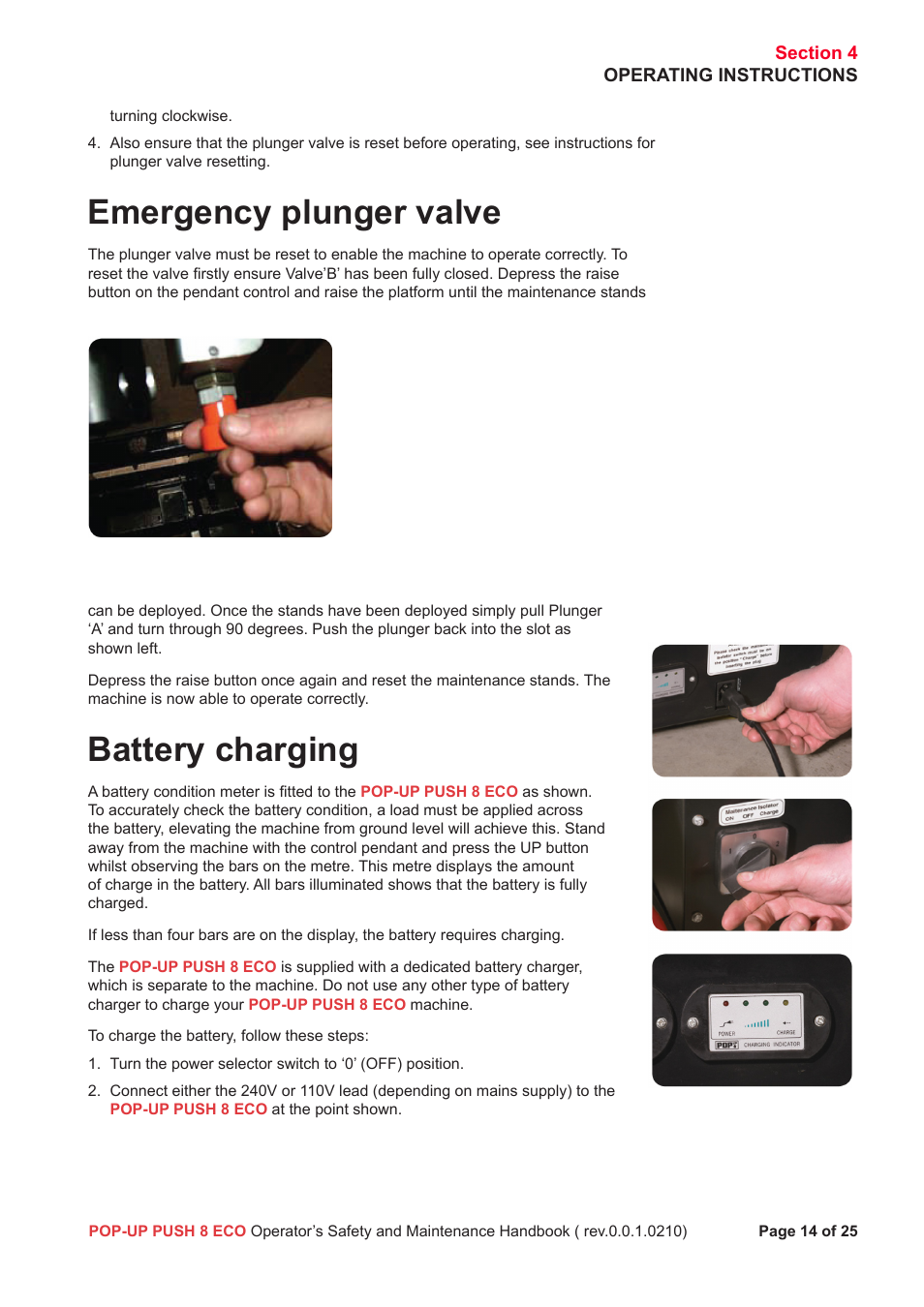 Emergency plunger valve, Battery charging | Snorkel Pop-Up Push 8 Eco User Manual | Page 15 / 28