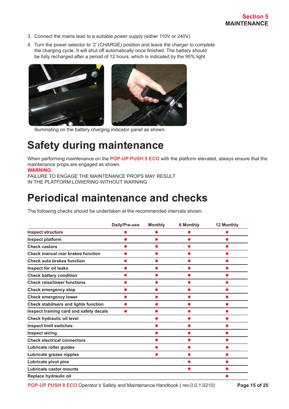 Safety during maintenance, Periodical maintenance and checks | Snorkel Pop-Up Push 8 Eco User Manual | Page 16 / 28