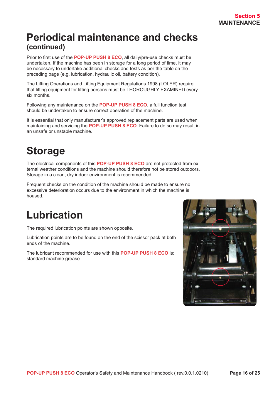 Periodical maintenance and checks, Storage, Lubrication | Continued) | Snorkel Pop-Up Push 8 Eco User Manual | Page 17 / 28