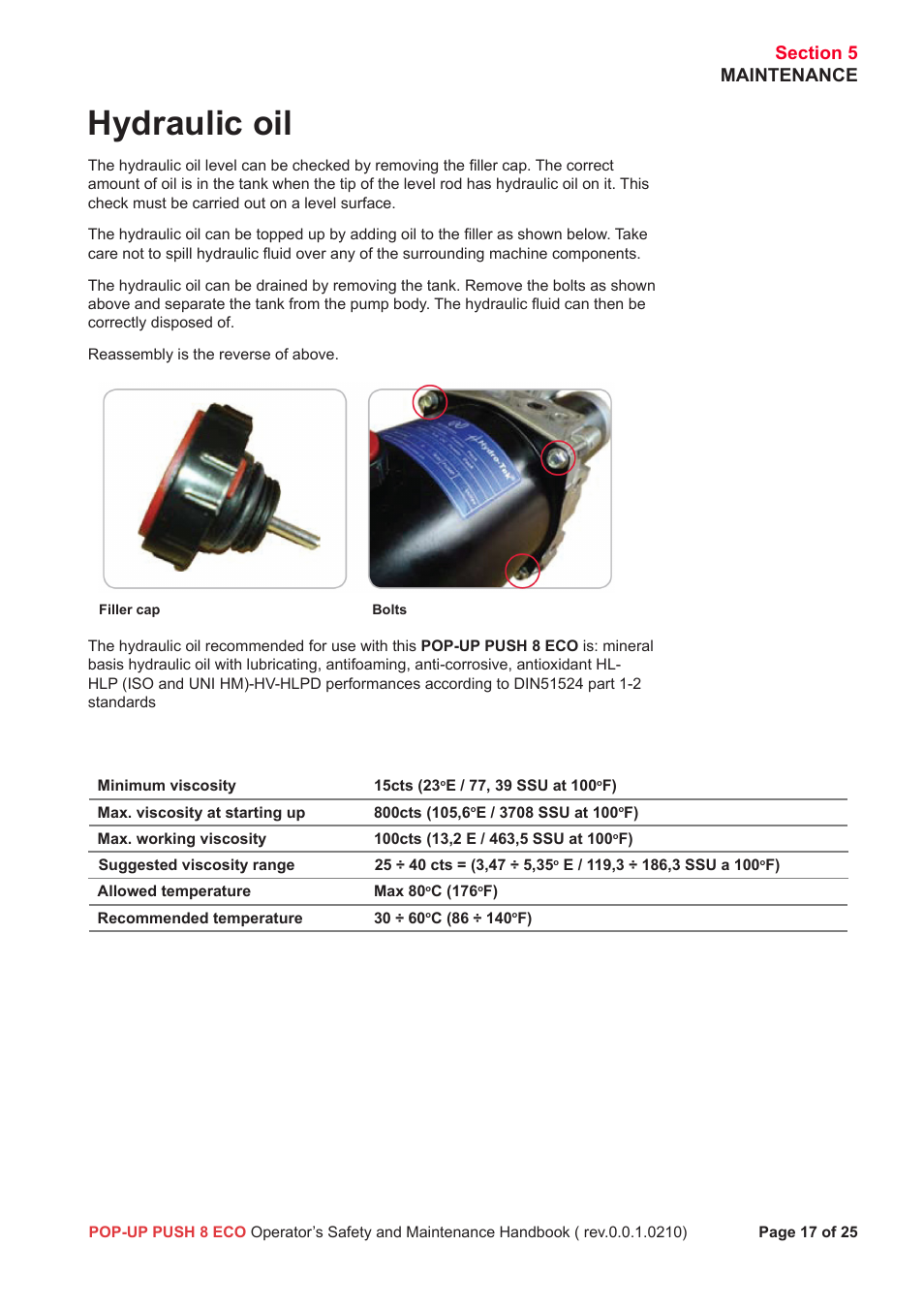 Hydraulic oil | Snorkel Pop-Up Push 8 Eco User Manual | Page 18 / 28