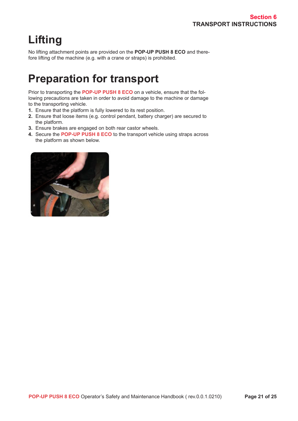 Lifting, Preparation for transport | Snorkel Pop-Up Push 8 Eco User Manual | Page 22 / 28