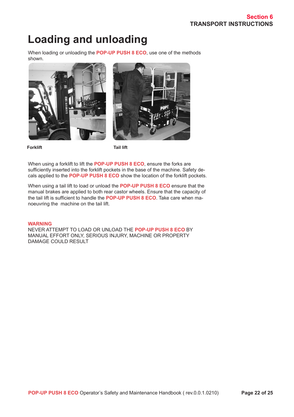 Loading and unloading | Snorkel Pop-Up Push 8 Eco User Manual | Page 23 / 28