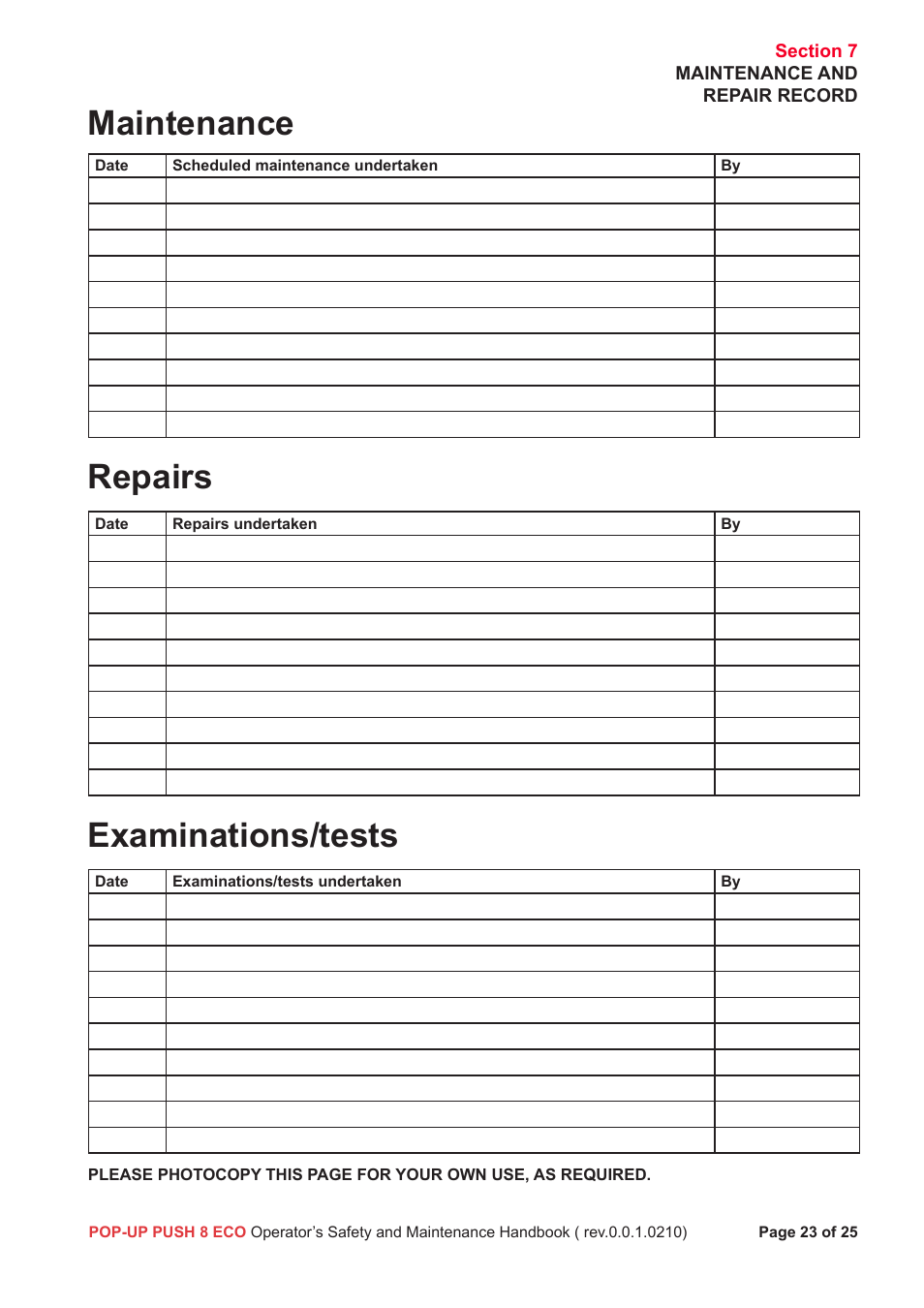 Maintenance, Repairs, Examinations/tests | Snorkel Pop-Up Push 8 Eco User Manual | Page 24 / 28