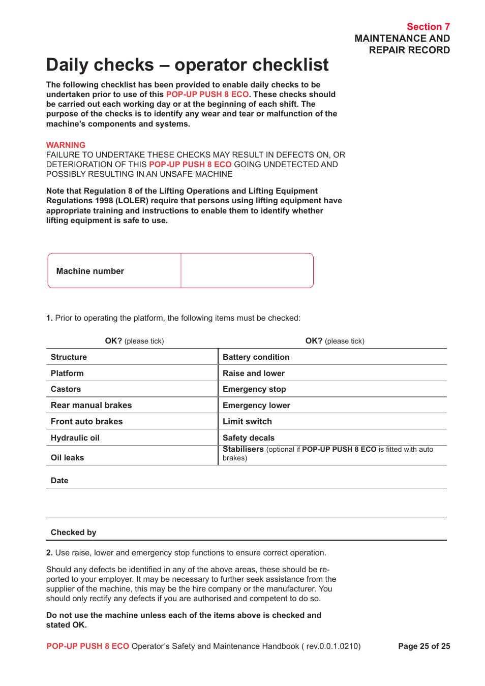 Daily checks – operator checklist | Snorkel Pop-Up Push 8 Eco User Manual | Page 26 / 28