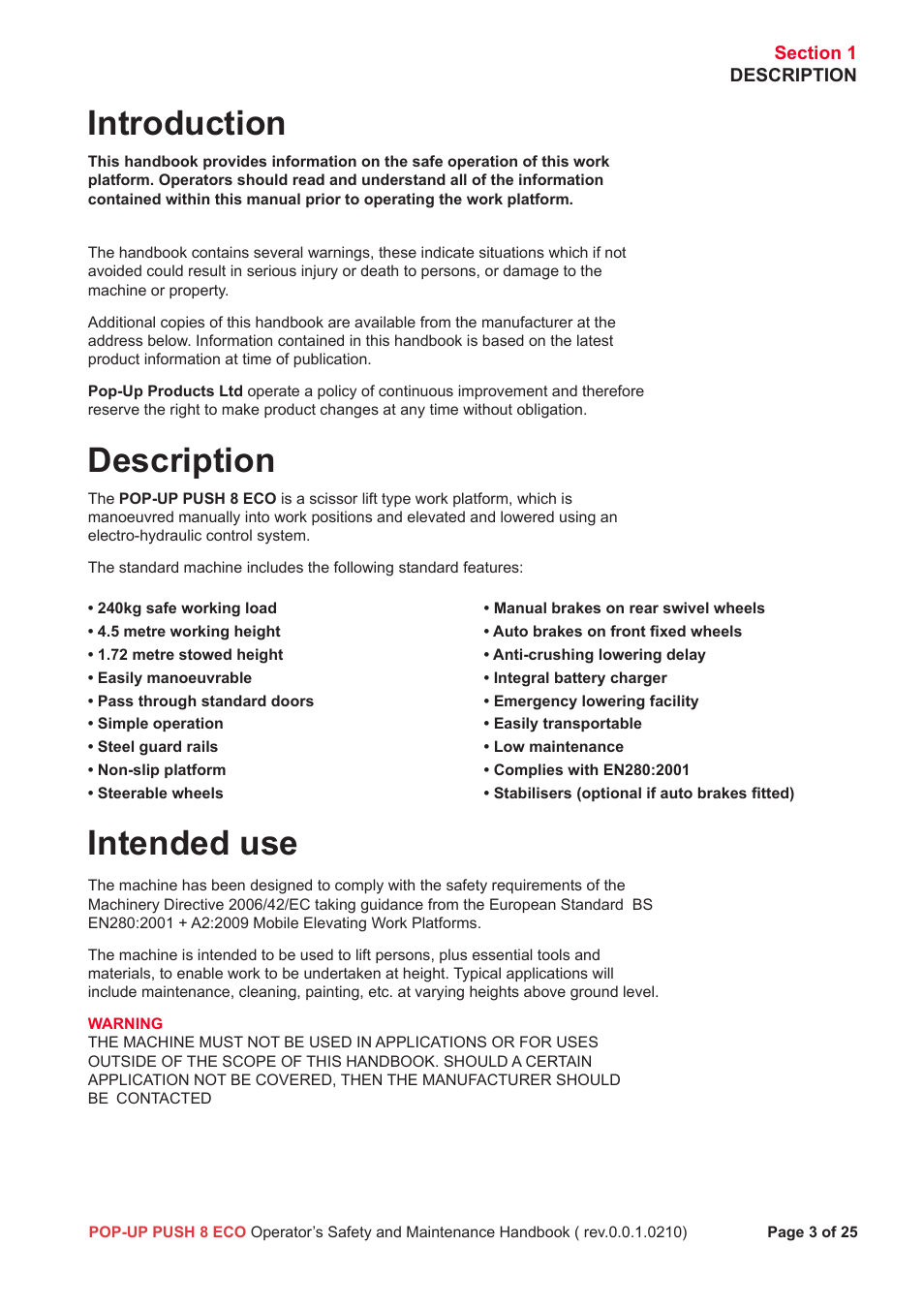 Introduction, Description, Intended use | Snorkel Pop-Up Push 8 Eco User Manual | Page 4 / 28