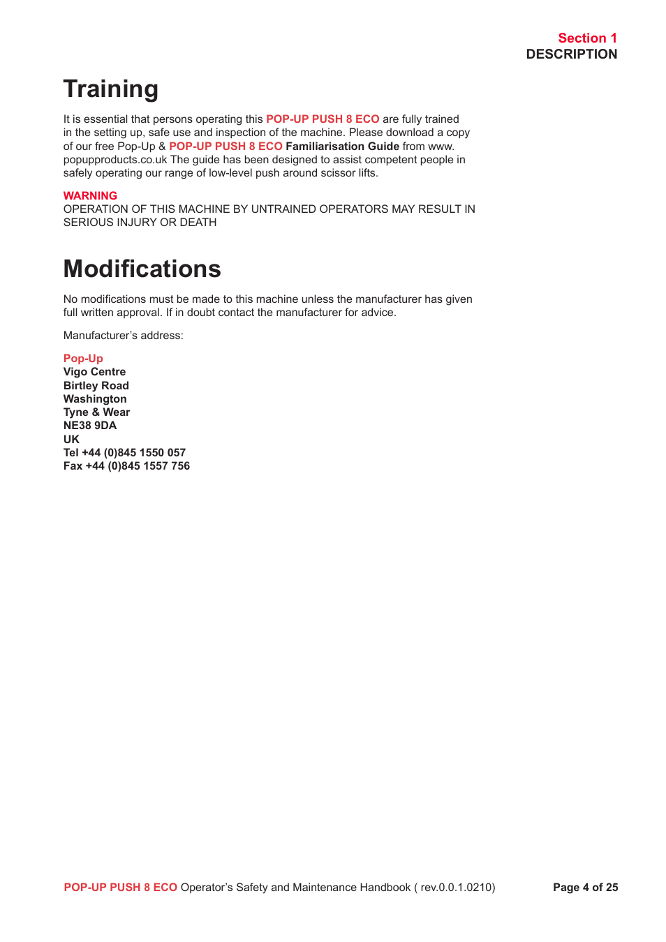 Training, Modifications | Snorkel Pop-Up Push 8 Eco User Manual | Page 5 / 28