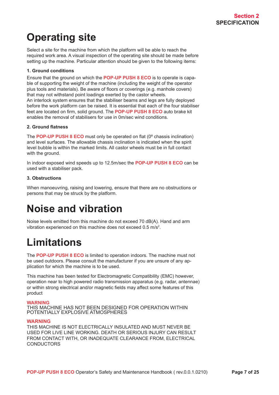 Operating site, Noise and vibration, Limitations | Snorkel Pop-Up Push 8 Eco User Manual | Page 8 / 28