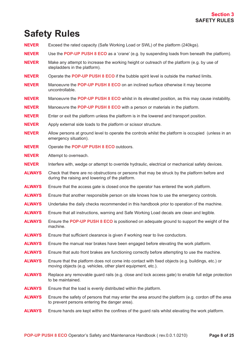 Safety rules | Snorkel Pop-Up Push 8 Eco User Manual | Page 9 / 28