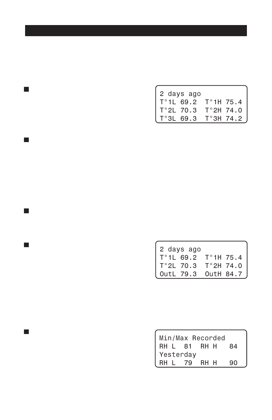 3 individual temperature sensors history, 4 outside temperature sensor history, 5 relative humidity history | History of humidity readings, History of the outside temperature, Pp-32 | Acme PP-32 User Manual | Page 49 / 100
