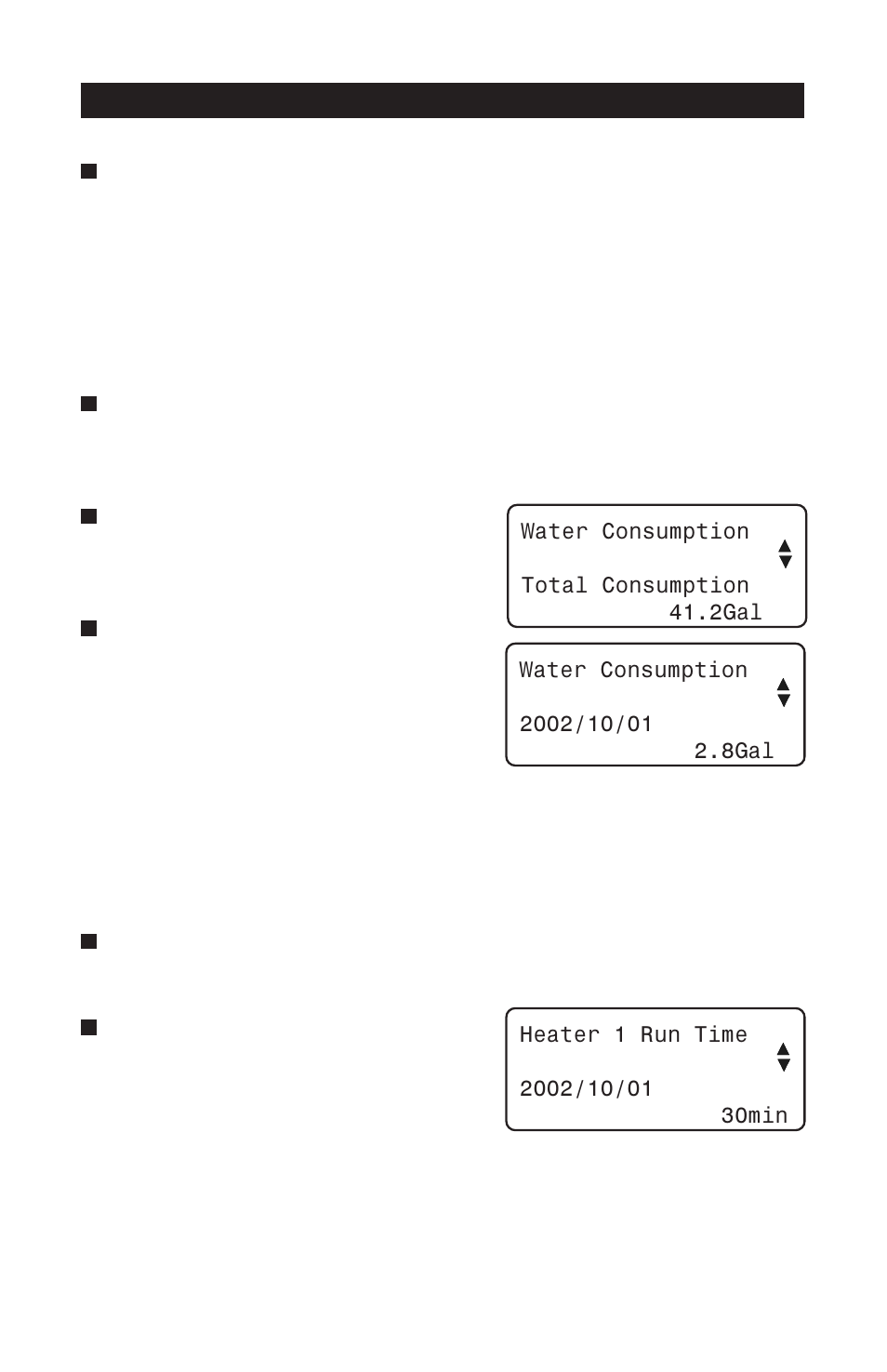 6 water consumption history, 7 heater run time history, History of heater run times | History of the water consumption, Pp-32 | Acme PP-32 User Manual | Page 50 / 100