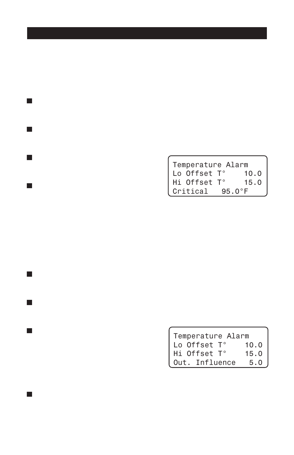 2 adjusting critical temperature, 3 adjusting the outside temperature influence, Critical temperature alarm | Outside influence on t° alarms, Critical temperature see temperature, Pp-32 | Acme PP-32 User Manual | Page 55 / 100