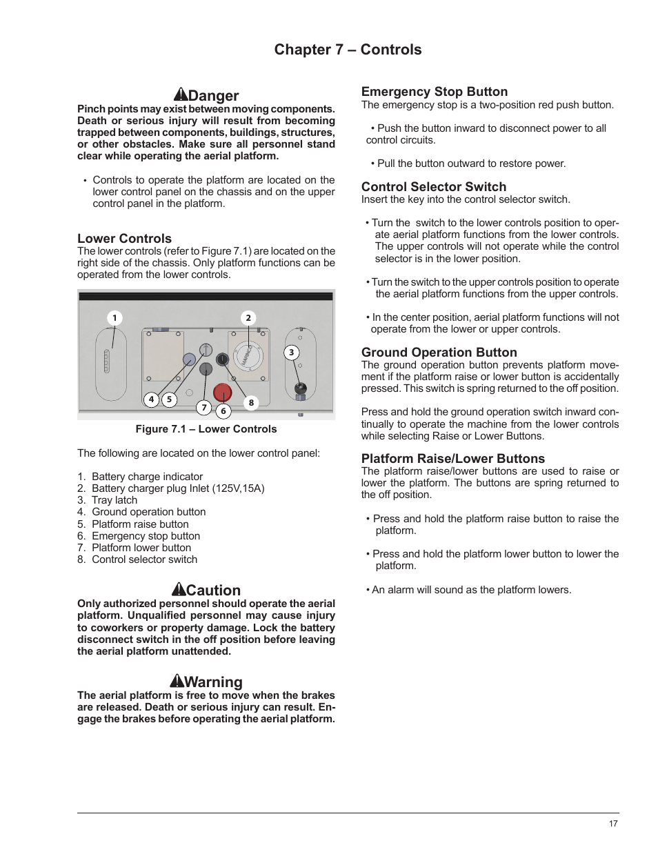 Chapter 7 – controls danger, Caution, Warning | Snorkel PUSH 10 PRO-sn01-000050+ANSI User Manual | Page 21 / 52